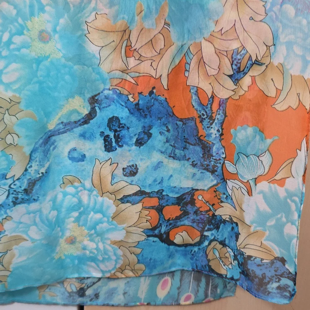 Orange and Blue Floral Scarf, Vibrant, Sheer, 20
